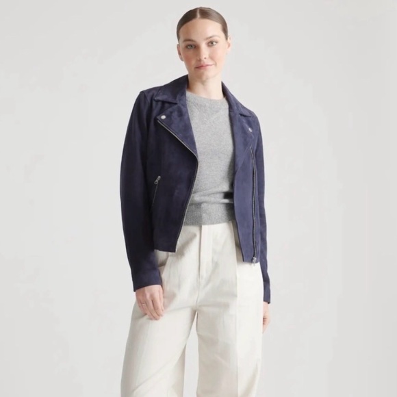 Mango Jackets & Blazers - MNG Mango Navy Suede Moto Jacket